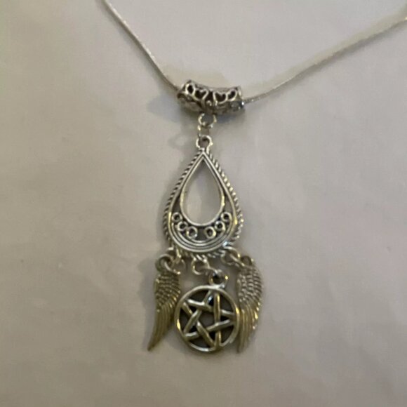 Teardrop Dangle Angel Wings Pentagram Star 925 Necklace 18" Matching Earrings - Picture 6 of 14